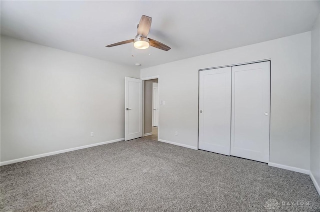 unfurnished bedroom featuring a closet, ceiling fan, and carpet