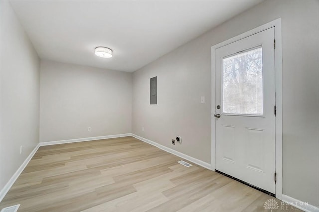 entrance foyer with electric panel and light wood-type flooring