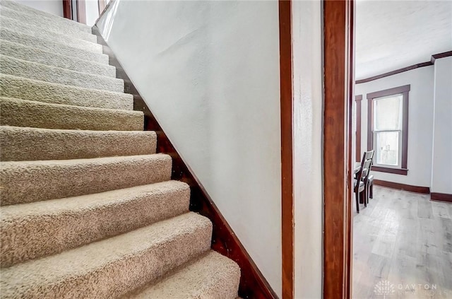 staircase with ornamental molding and hardwood / wood-style flooring