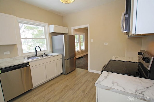 kitchen with light wood finished floors, a sink, stainless steel appliances, white cabinetry, and a wealth of natural light