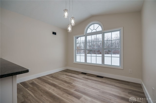 unfurnished dining area with lofted ceiling, hardwood / wood-style flooring, and a wealth of natural light