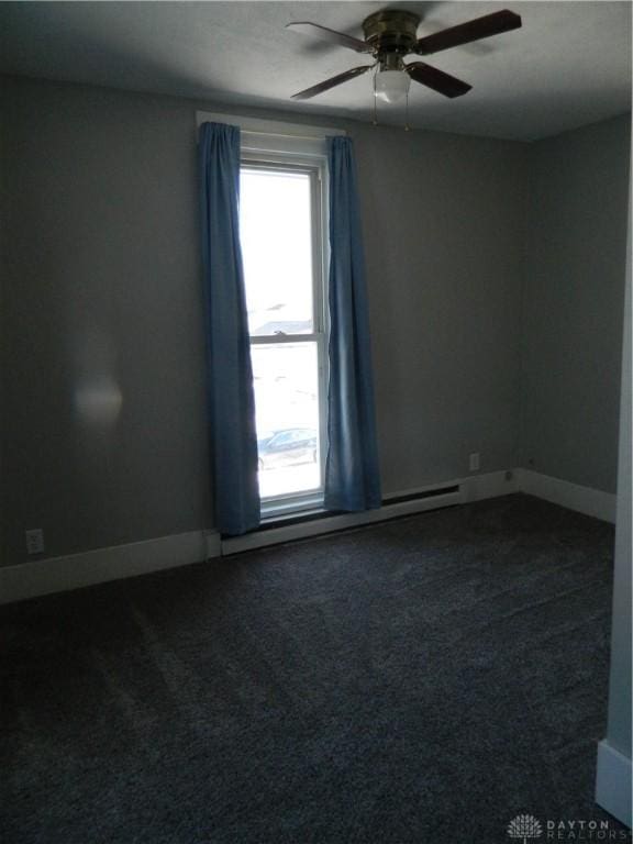 unfurnished room with ceiling fan and carpet floors