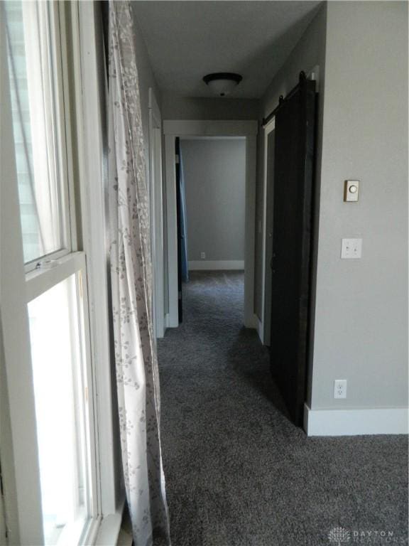 corridor featuring a wealth of natural light, a barn door, and dark carpet