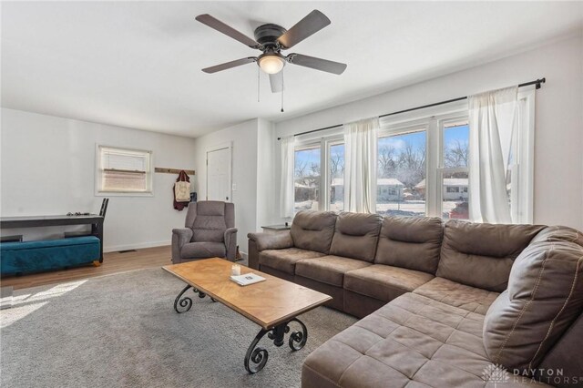 living room with ceiling fan and light hardwood / wood-style flooring