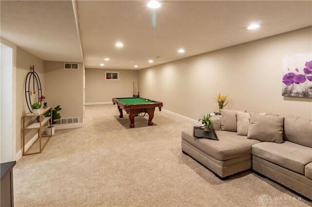 game room featuring light colored carpet and billiards