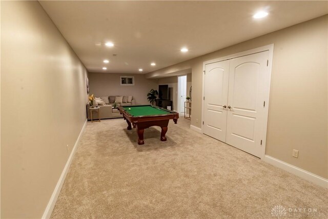 game room featuring pool table and light carpet