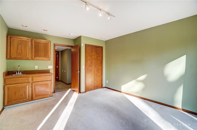 interior space with light carpet, a closet, rail lighting, and sink