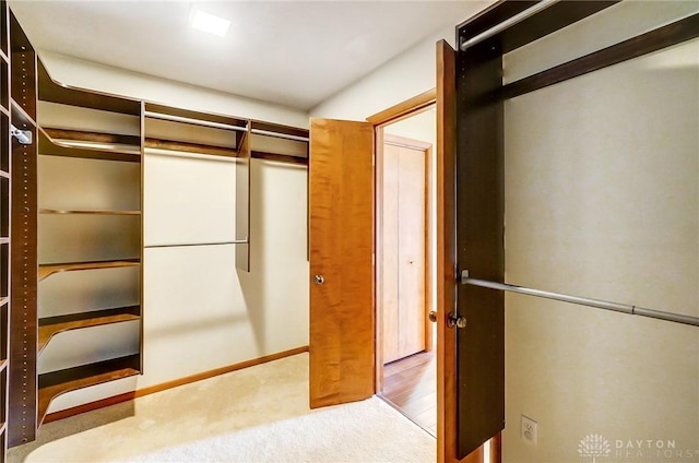 walk in closet with light carpet