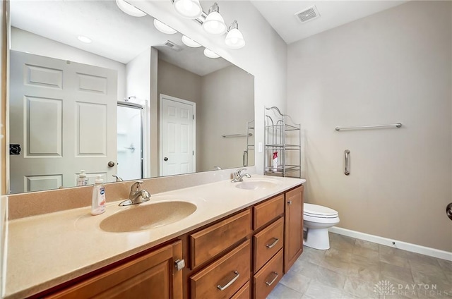 bathroom with toilet, walk in shower, lofted ceiling, and vanity