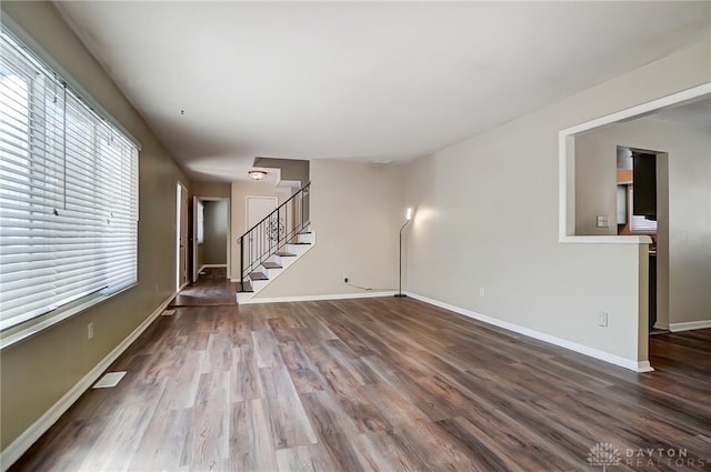 unfurnished living room with dark hardwood / wood-style floors