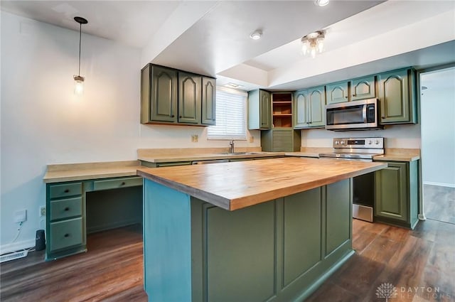 kitchen with appliances with stainless steel finishes, a center island, wooden counters, hanging light fixtures, and dark hardwood / wood-style floors