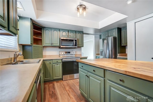 kitchen with appliances with stainless steel finishes, sink, a tray ceiling, and green cabinets