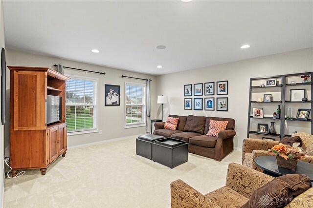 living room featuring light colored carpet