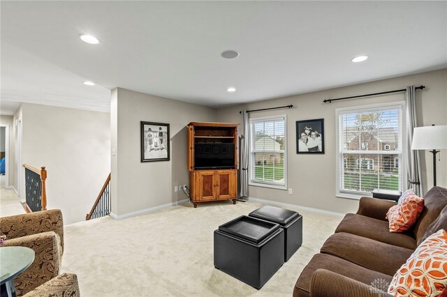 living room featuring light colored carpet