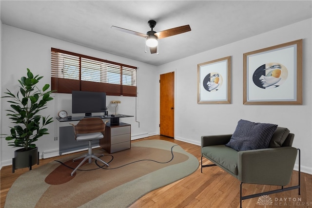 office space with ceiling fan and wood-type flooring