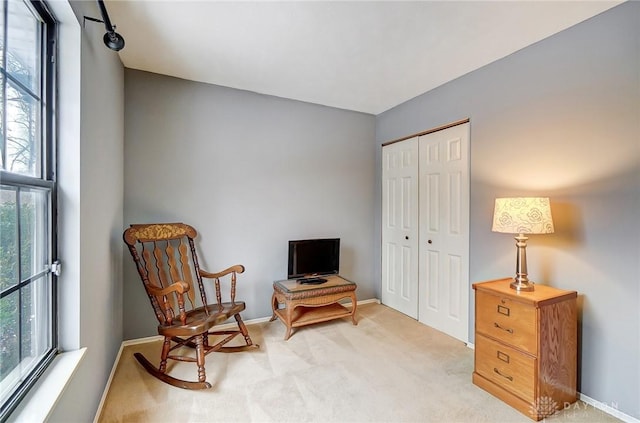 sitting room featuring light carpet