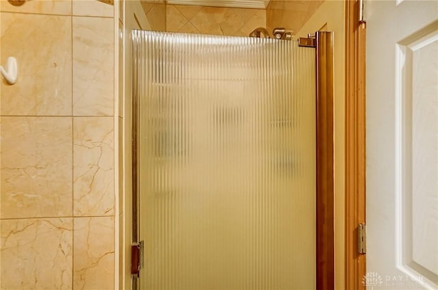 interior details with a shower with shower door