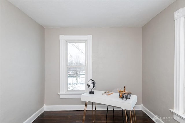 office with a healthy amount of sunlight and dark wood-type flooring