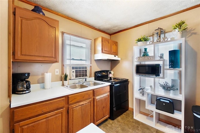 kitchen with a textured ceiling, black range with electric cooktop, sink, light tile patterned floors, and crown molding