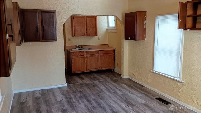 kitchen with dark wood-type flooring, plenty of natural light, and sink