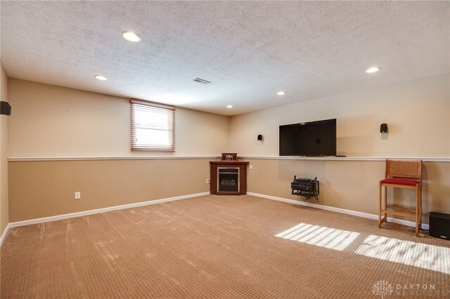 basement with carpet floors and a textured ceiling