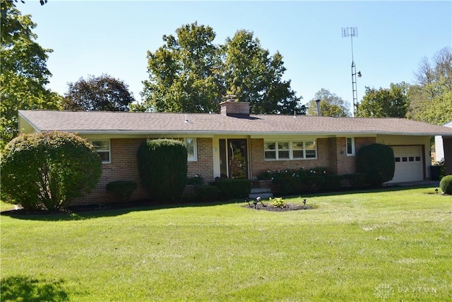 single story home with a garage, brick siding, a front lawn, and a chimney