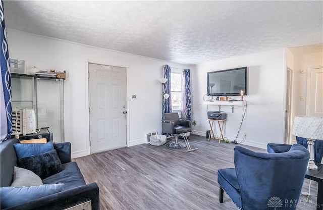 living room with hardwood / wood-style floors and a textured ceiling