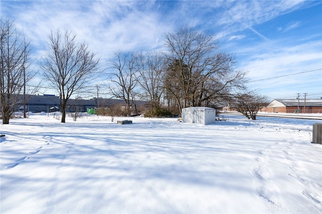 yard covered in snow featuring a storage unit