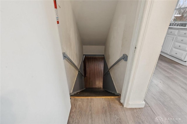 staircase with hardwood / wood-style floors