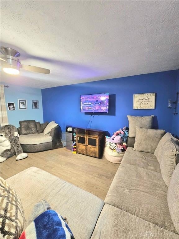 living room featuring a textured ceiling and wood-type flooring