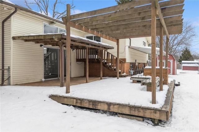 exterior space with a storage shed and a pergola