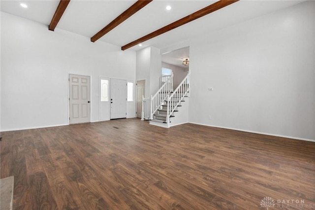 unfurnished living room with dark hardwood / wood-style floors and beam ceiling