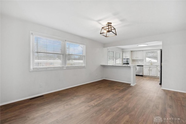 unfurnished living room with dark hardwood / wood-style flooring and sink