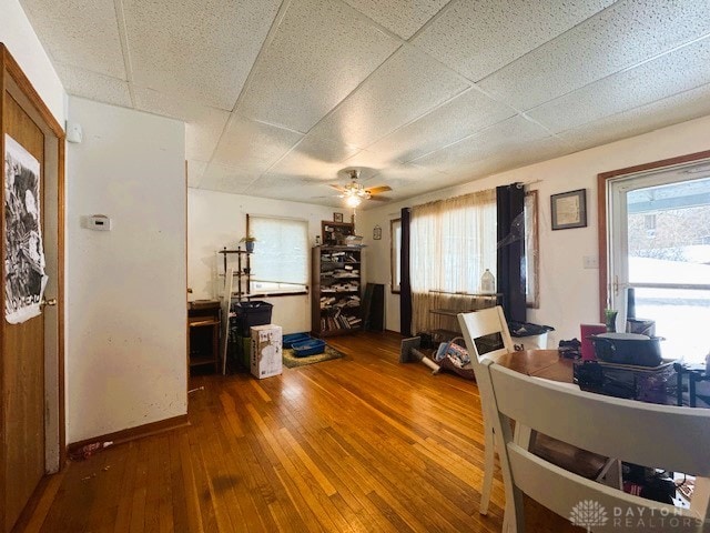 interior space featuring a paneled ceiling, hardwood / wood-style floors, and ceiling fan