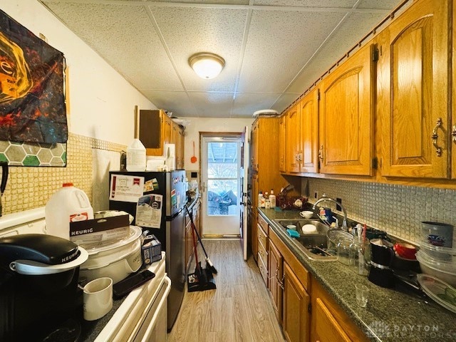 kitchen featuring light wood-type flooring, a paneled ceiling, sink, and tasteful backsplash