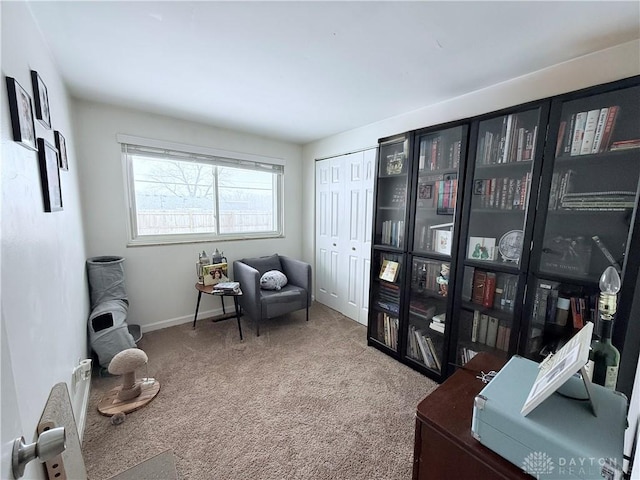 living area with carpet flooring and baseboards