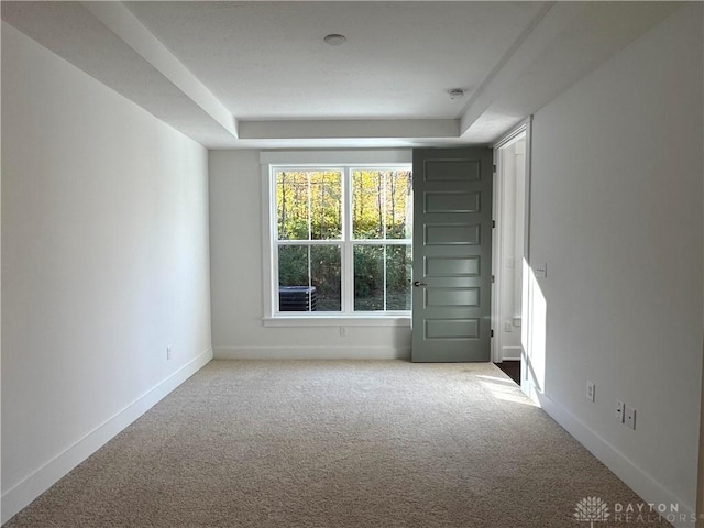 unfurnished room featuring light colored carpet and a raised ceiling