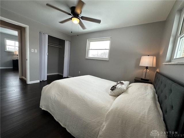 bedroom with ceiling fan, a closet, and dark hardwood / wood-style floors