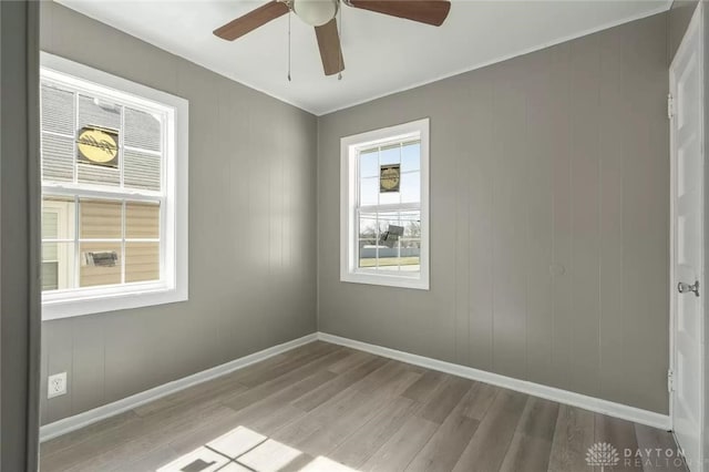 unfurnished room with ceiling fan and light wood-type flooring