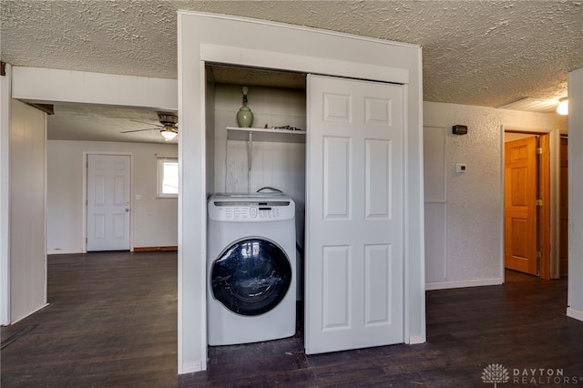 5254 Powell Rd, Dayton, OH 45424 - washroom featuring washer / clothes dryer, a ceiling fan, a textured ceiling, wood finished floors, and baseboards