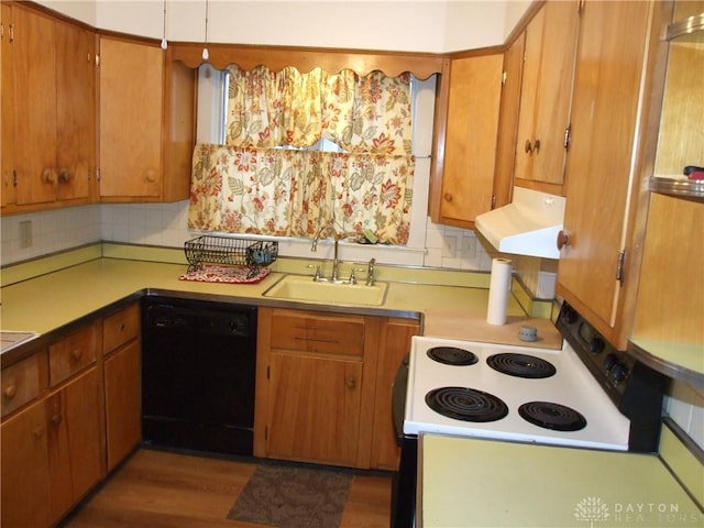 kitchen with tasteful backsplash, dark hardwood / wood-style floors, sink, black dishwasher, and range with electric stovetop