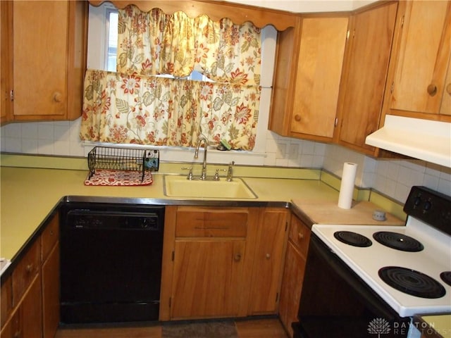 kitchen featuring black dishwasher, range with electric stovetop, decorative backsplash, and sink