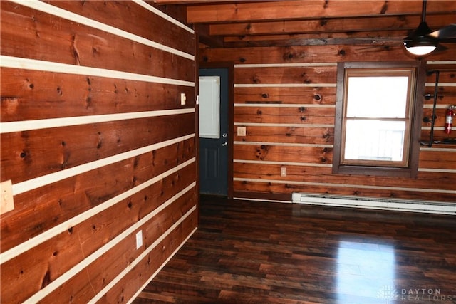 unfurnished room with a baseboard heating unit, dark hardwood / wood-style floors, and wood walls