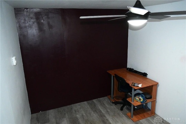 office space with ceiling fan and hardwood / wood-style floors