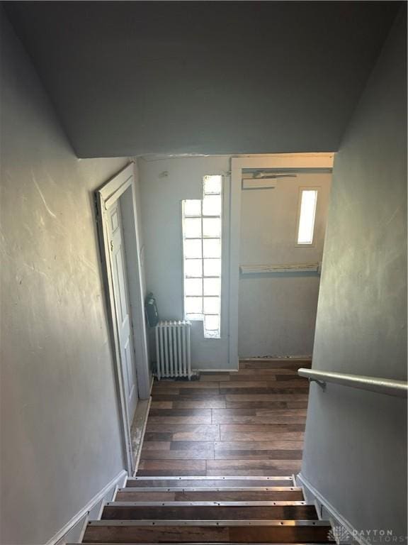 stairway featuring radiator and hardwood / wood-style flooring