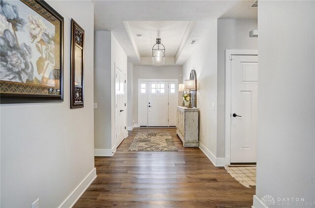 foyer entrance with a raised ceiling and dark hardwood / wood-style floors