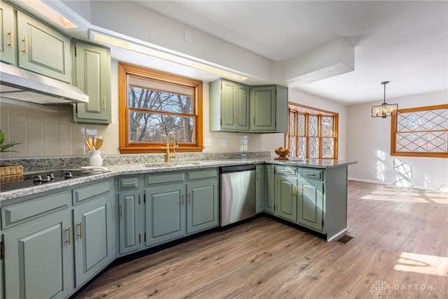 kitchen with sink, stainless steel dishwasher, black electric stovetop, and green cabinets