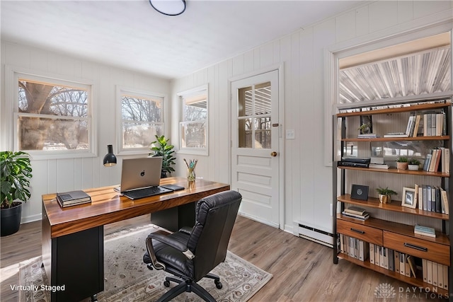 office featuring hardwood / wood-style flooring and a baseboard radiator