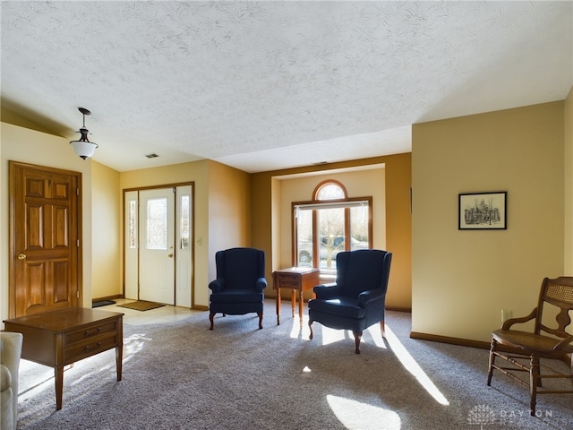755 Willow Creek Way, Troy, OH 45373 - sitting room with a textured ceiling, carpet, and vaulted ceiling
