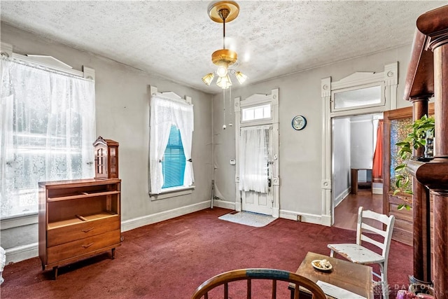 carpeted foyer entrance featuring a textured ceiling